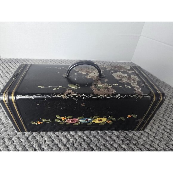 Vintage Toleware Black Metal Box Hand Painted Floral Sewing Vanity Tin Rustic - Picture 2 of 10